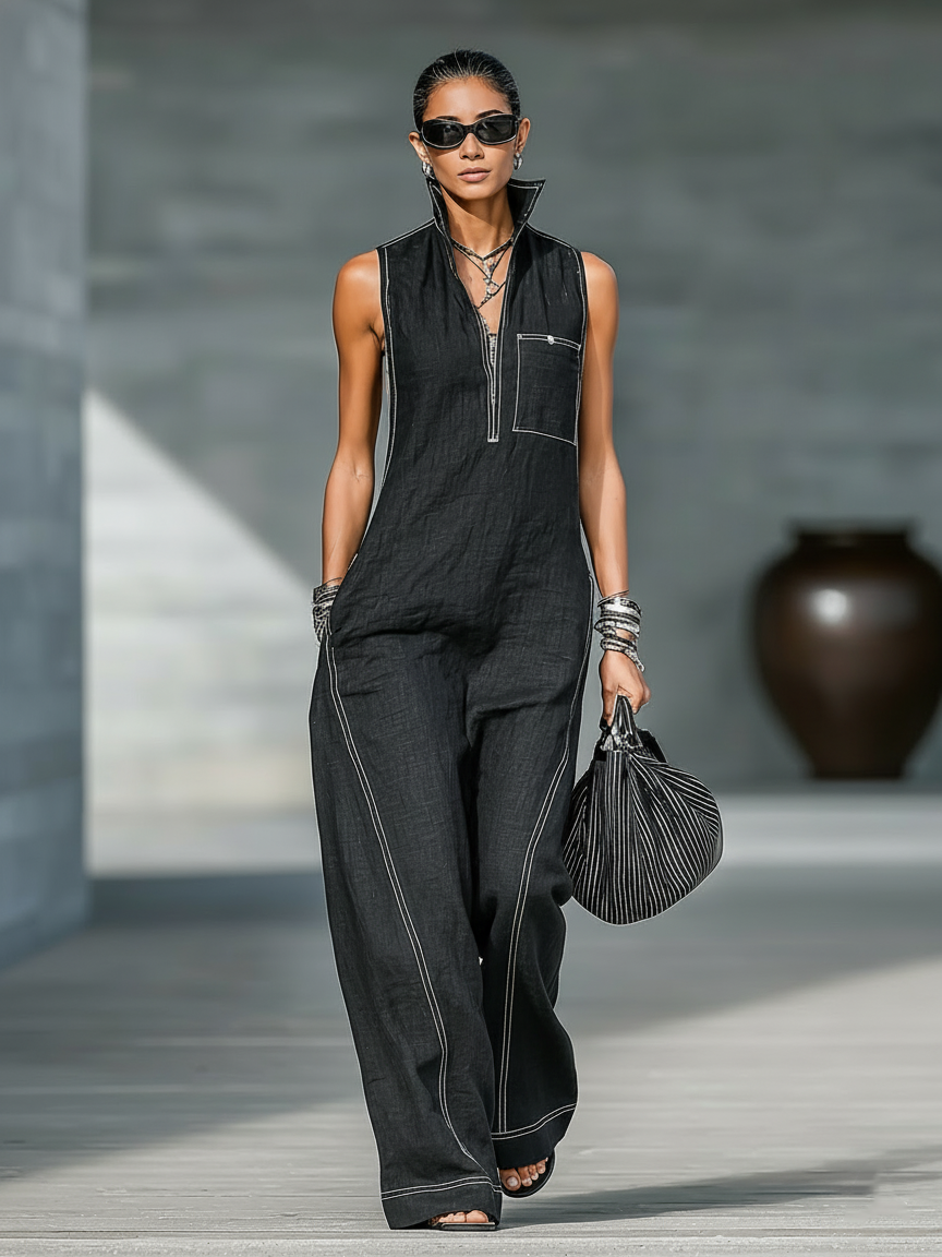 Women's Minimalist Loose-fitting White Trim Sleeveless Jumpsuit MDA3086L9Y