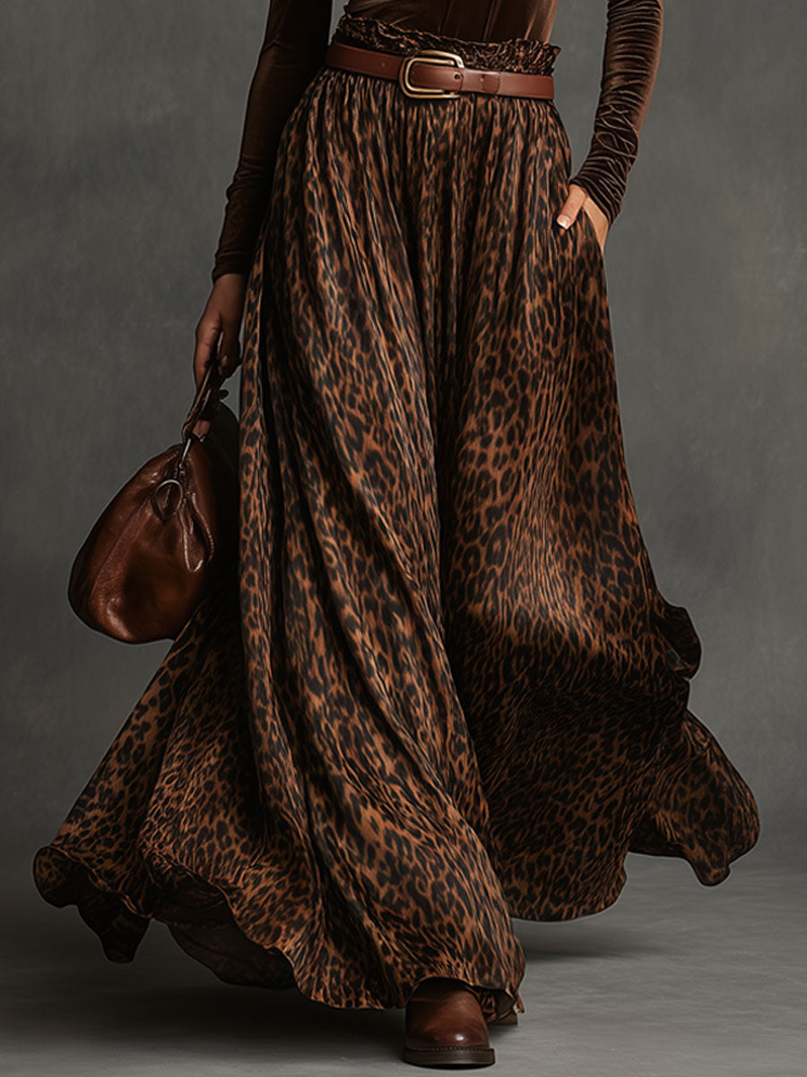 Vintage Turtleneck Velvet Top And Leopard Print Skirt Set