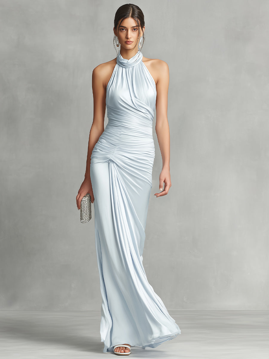 Women's Pale Blue Satin Elegant Dress With Halter Neck & Ruched Detail, Glamorous Evening Style Dress MDA3082K8I