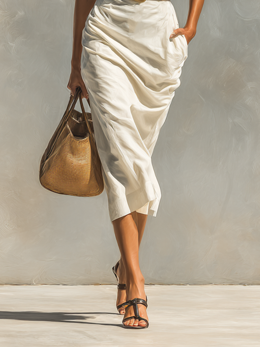 Ladies Solid Color Lapel Short Sleeve Belt Midi Dress MDA0999G0Y