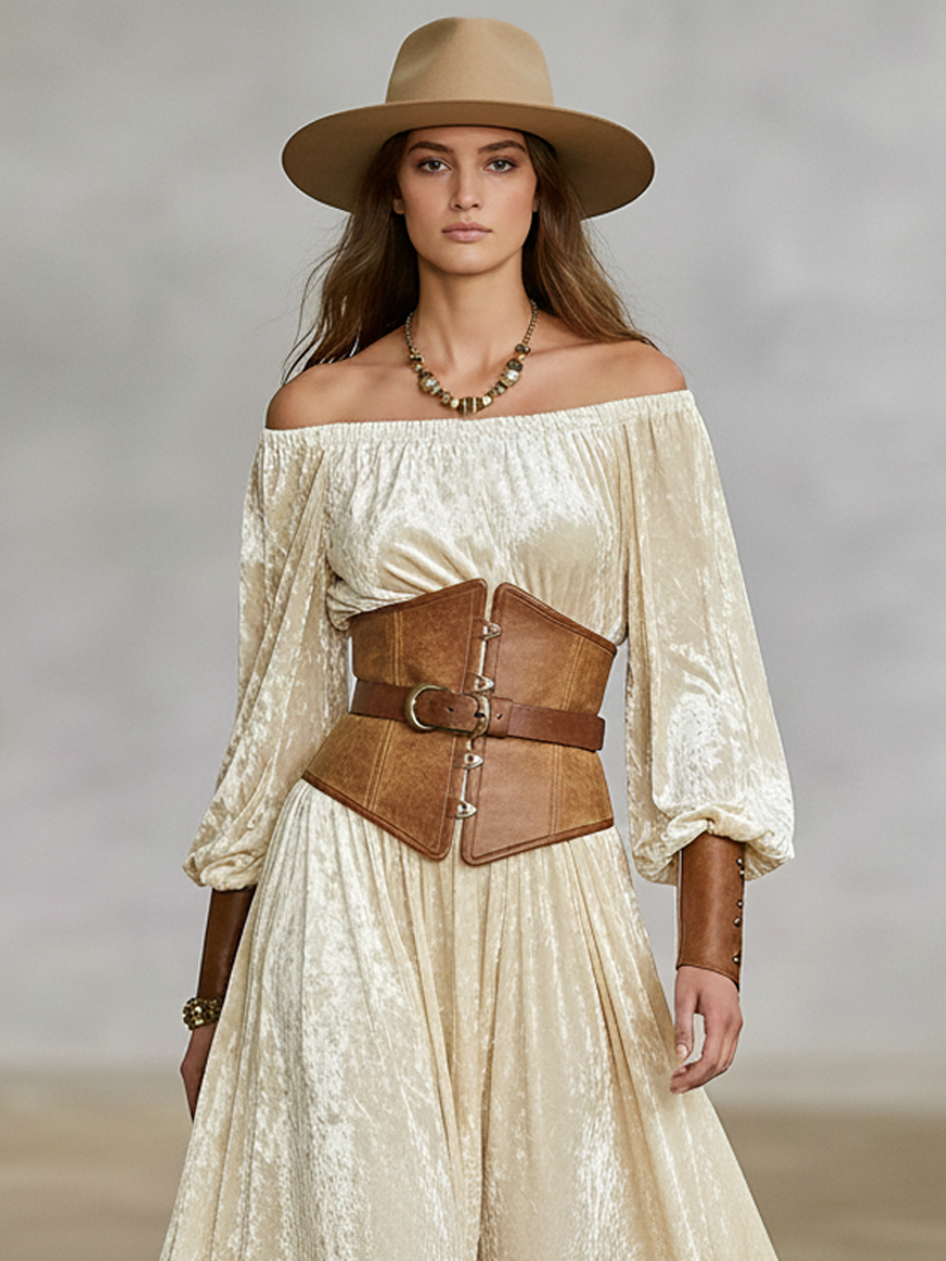 Women's Loose-fitting Velvet Off-shoulder Long-sleeved Maxi Dress With Faux Leather Cuffs (waist Cincher Not Included)MDA1307K2Y