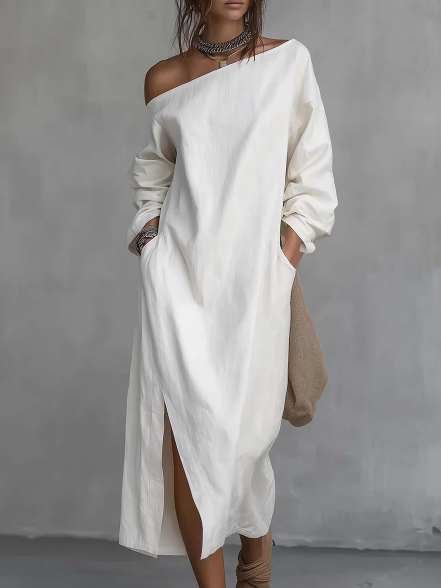 Casual Off-the-shoulder Linen-cotton Dress