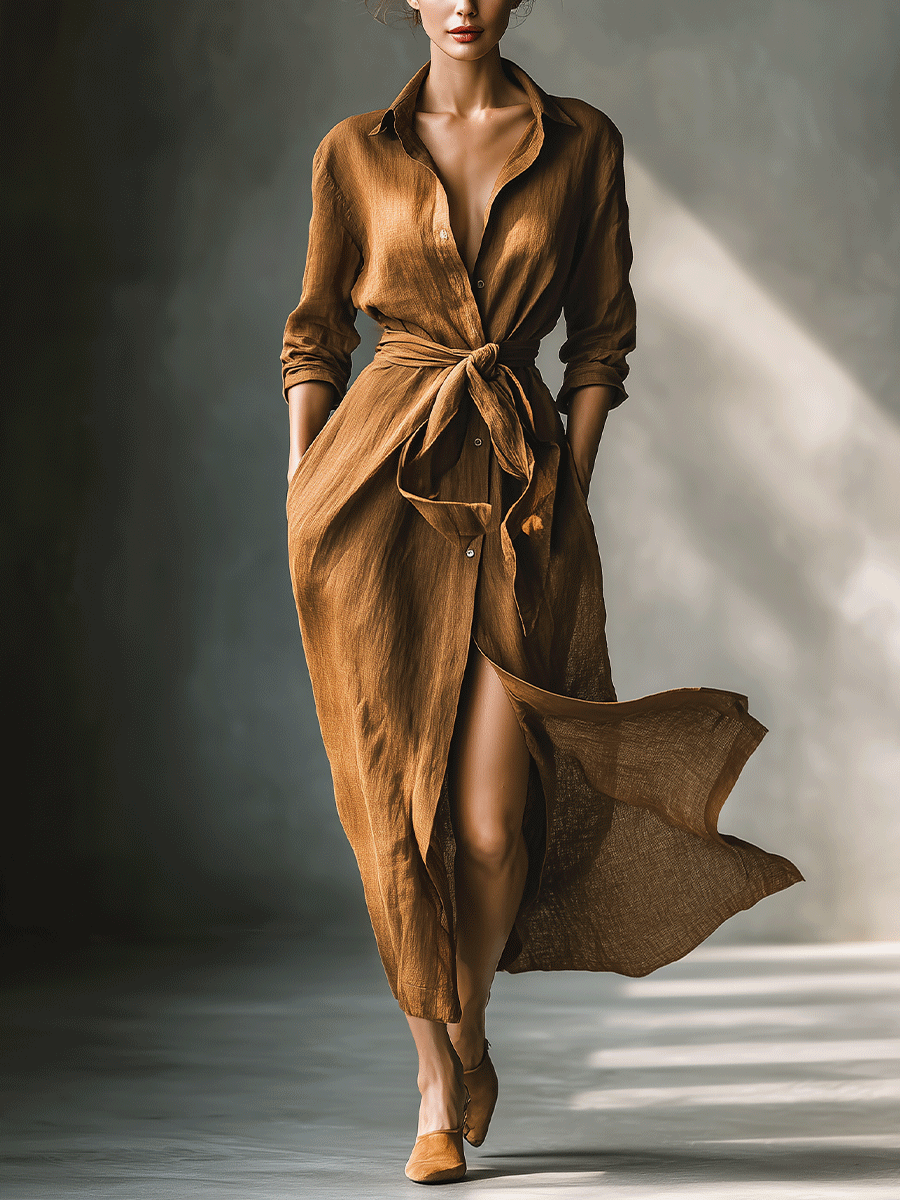 Women's Vintage Brown Blend Shirt Maxi Dress MDA2898G6I