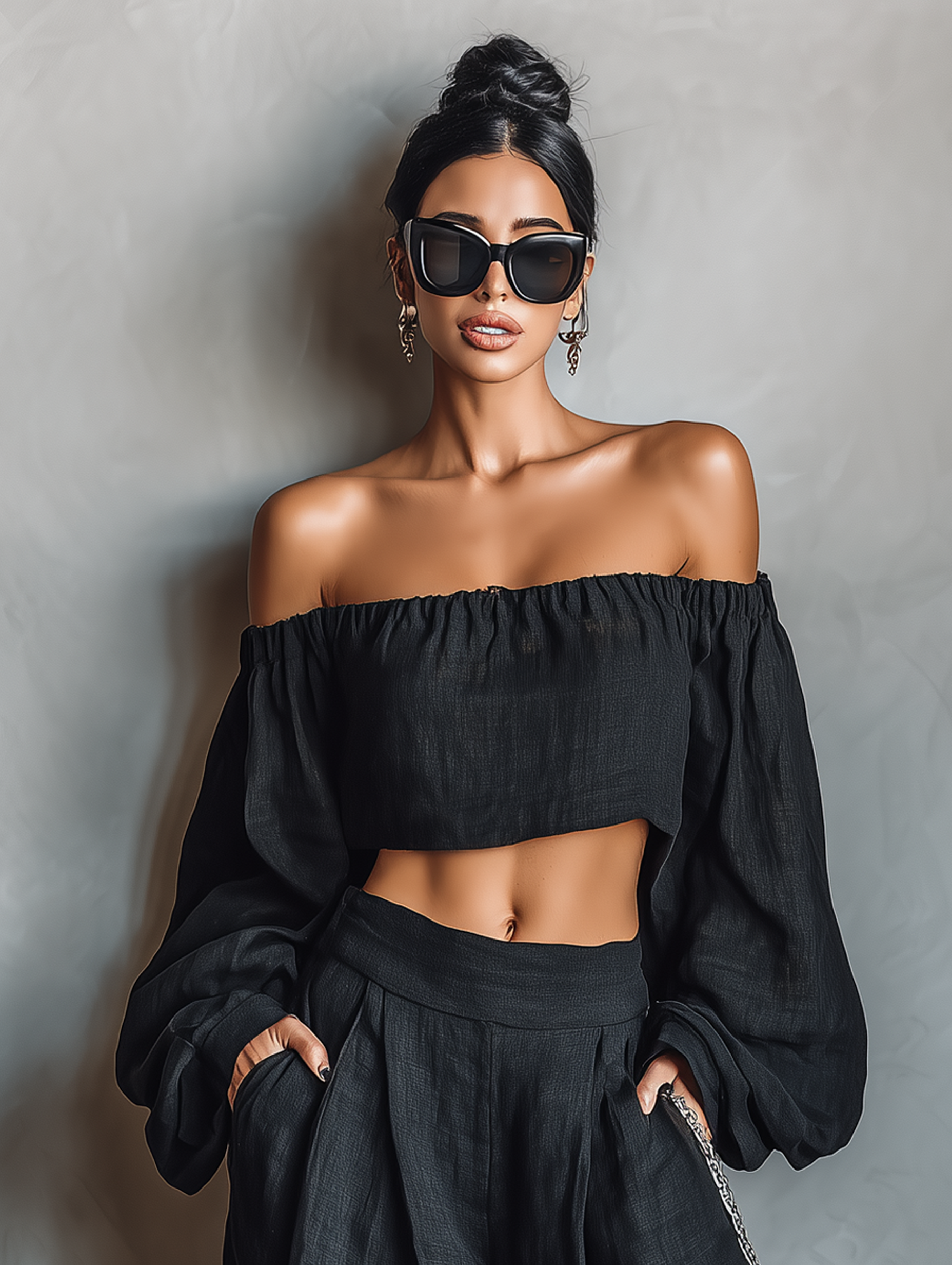 Women's Minimalist Linen Blend Strapless Long-sleeved Blouse And Wide-leg Pants Set MDA1900L7Y