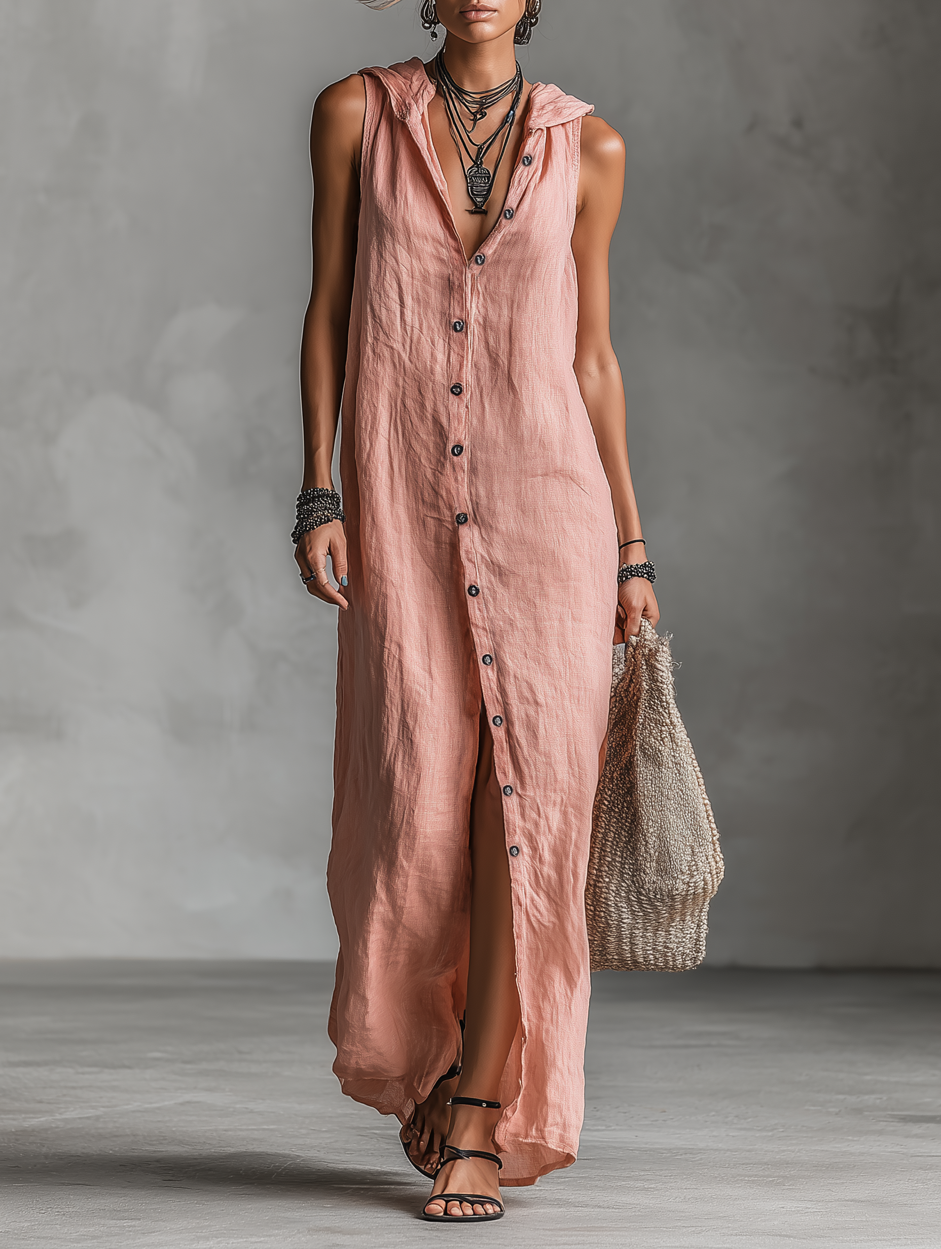 Women's Minimalist Linen Blend Hooded Single-breasted Sleeveless Maxi Dress MDZ3174A7Y