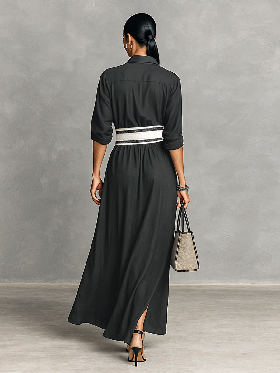 Women's Imitation Cupro Fabric Lapel Single-breasted Long-sleeved Waist Maxi Dress MDA2258G6Y