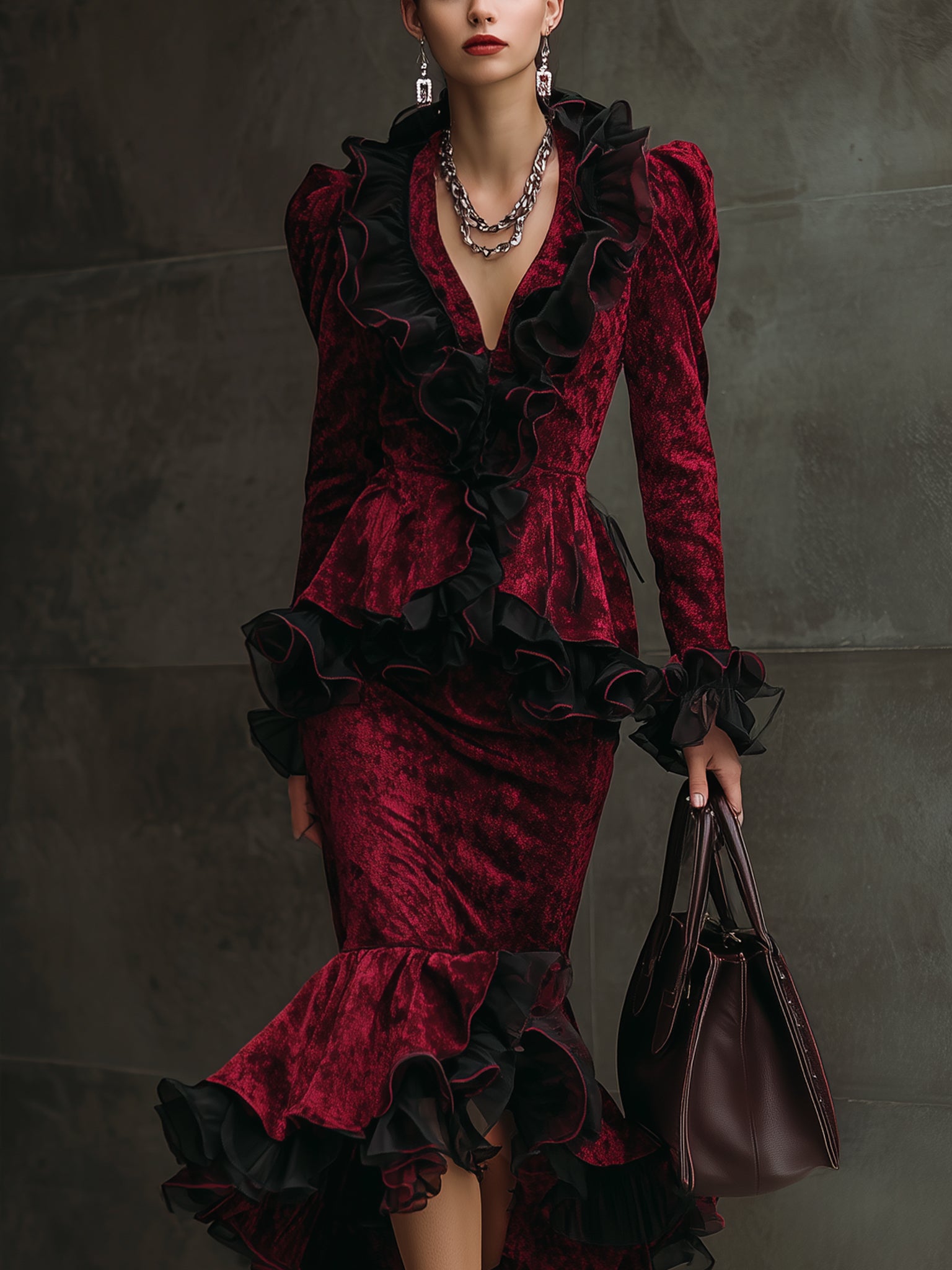 Burgundy Velvet Ruffle Chiffon Long Sleeve Midi Dress