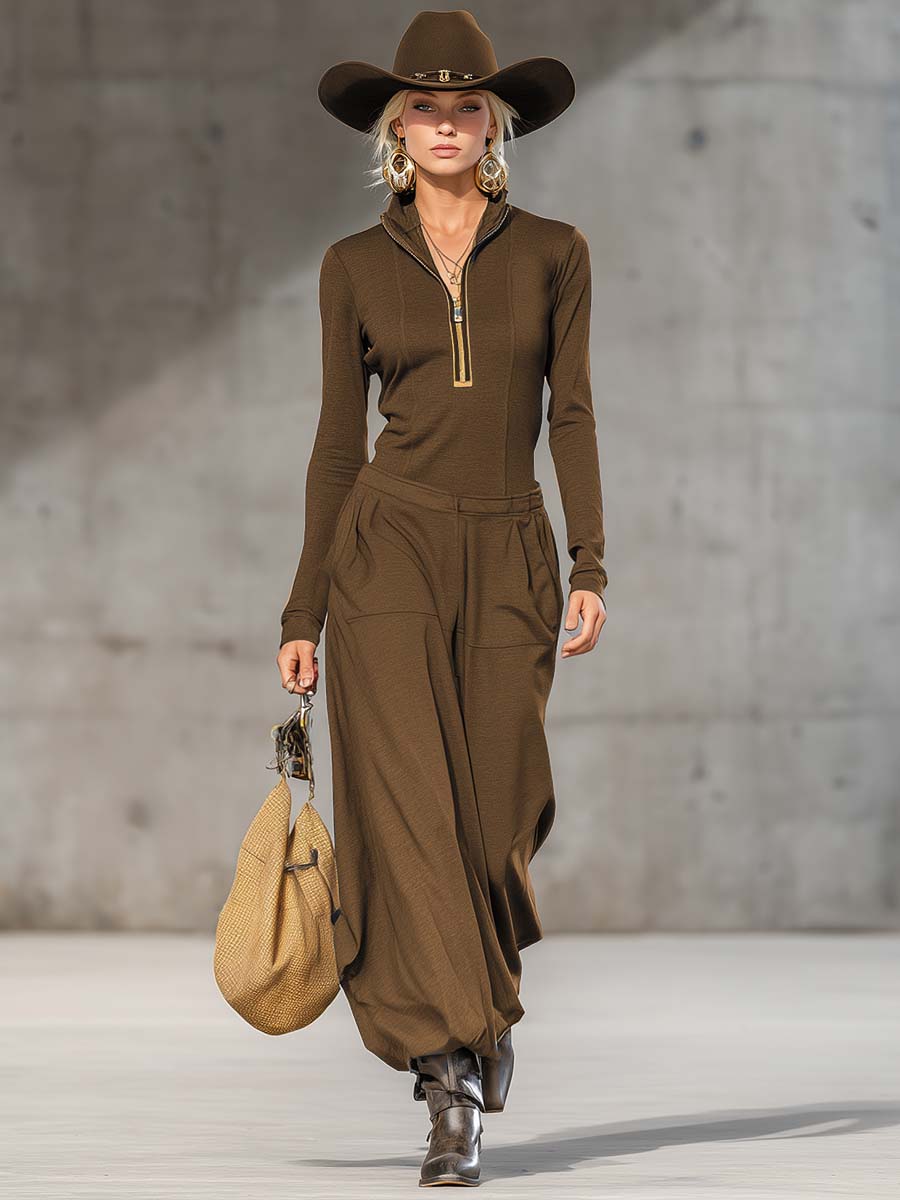 Casual Retro Sports Dark Gray Half-high Collar Front Zipper Long-sleeved Top And Wide Pants Set