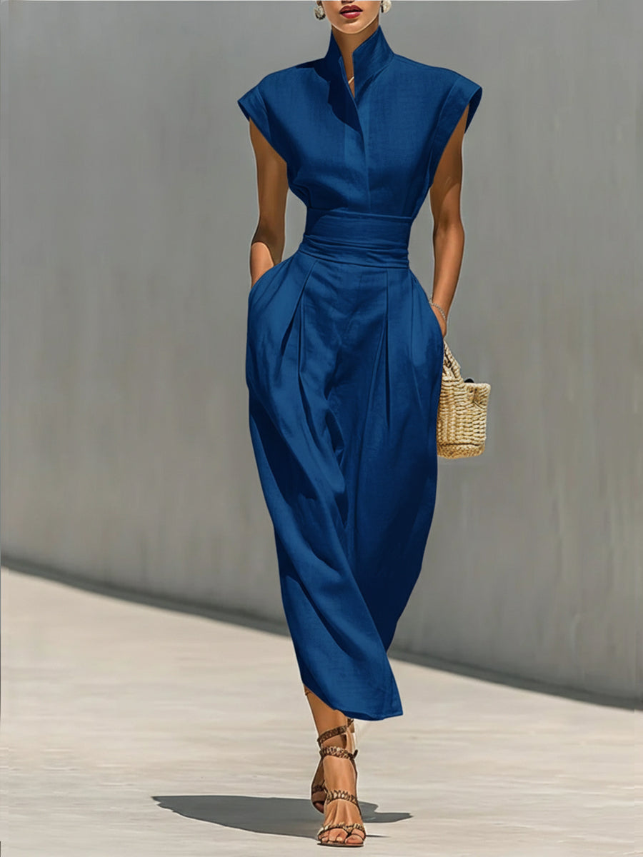 Waist-cinching Linen And Cotton Sleeveless Dress