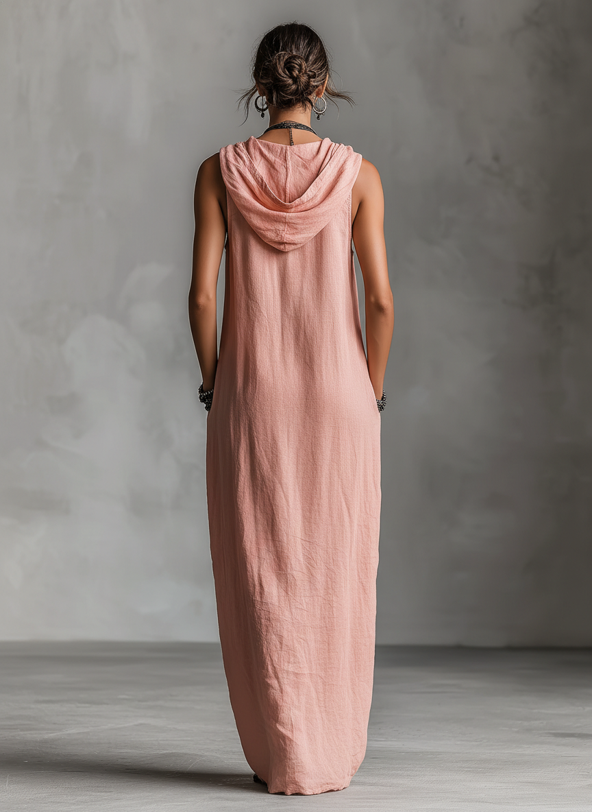 Women's Minimalist Linen Blend Hooded Single-breasted Sleeveless Maxi Dress MDZ3174A7Y
