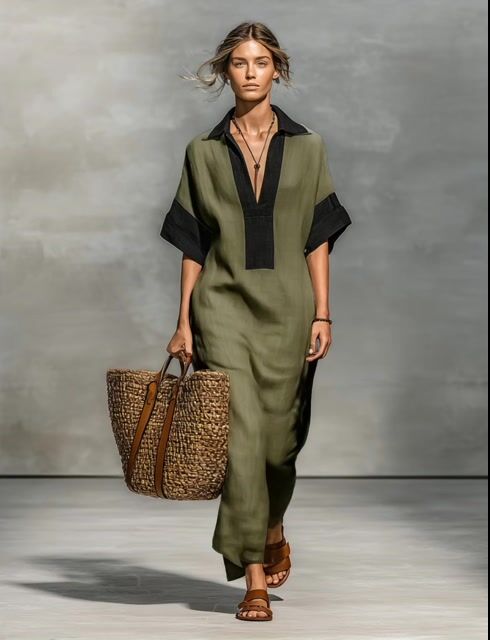 Women's Minimalist Linen Blend Color-blocked Short-sleeved Maxi Dress MDZ0917A4Y