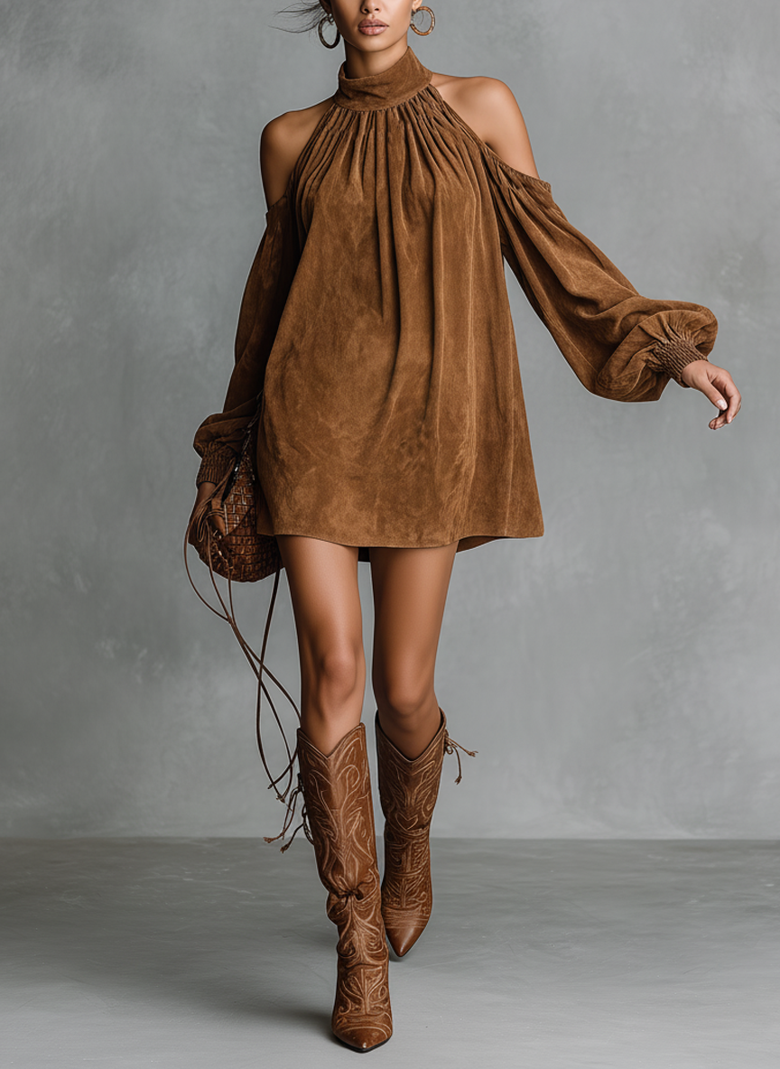 Women's Loose-fitting Faux Suede Halter Neck Semi-high Collar Lantern Sleeve Mini Dress MDA3118J4Y