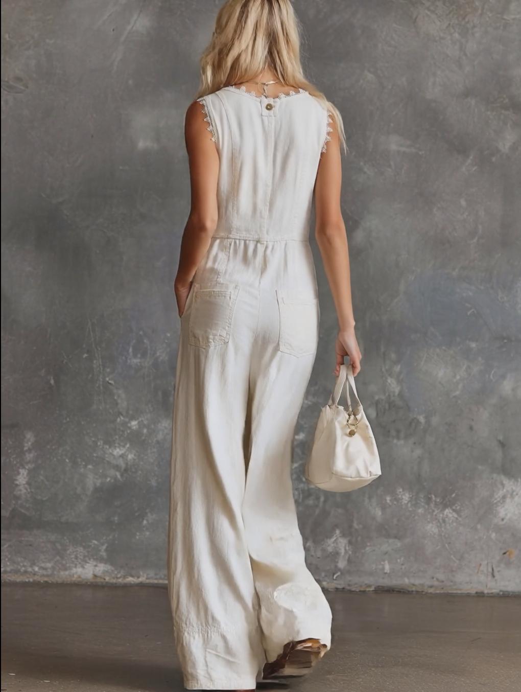 Elegant Vintage Western V-neck Front Buttons Lace Trim White Cotton Jumpsuit