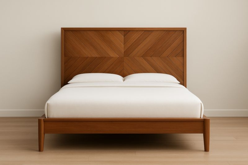 Lit double bois marron avec tête de lit en chevrons