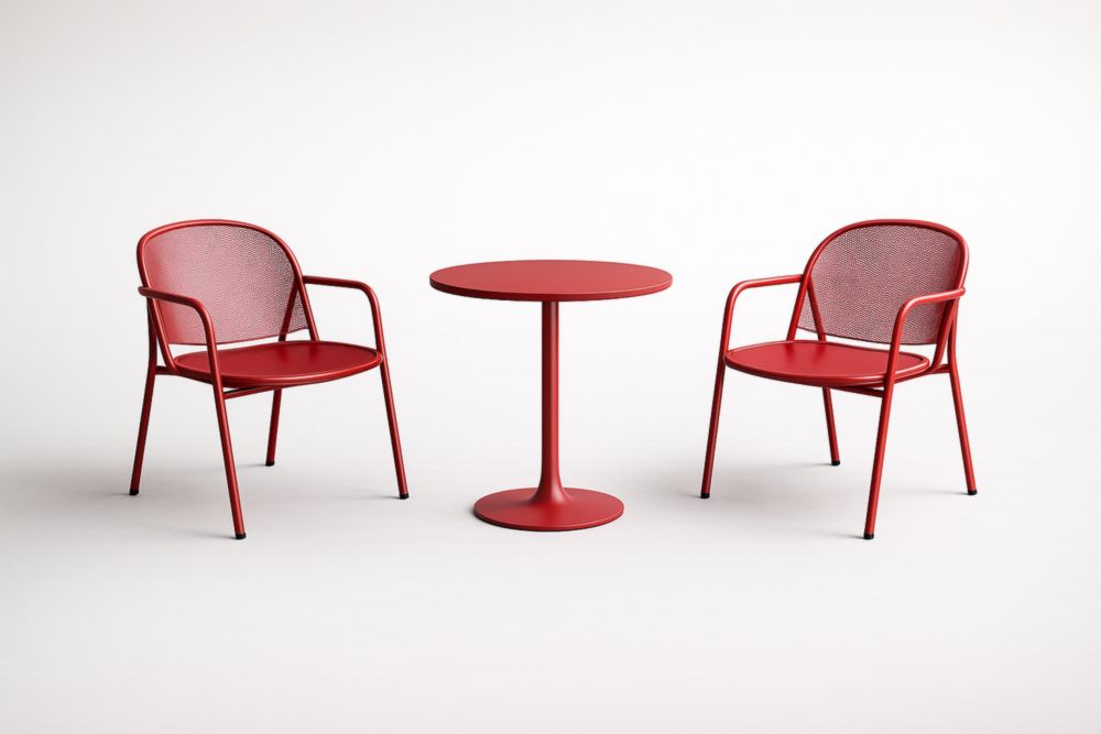 Set da caffè in acciaio rosso per esterni con tavolo e 2 sedie-Dwellnovora