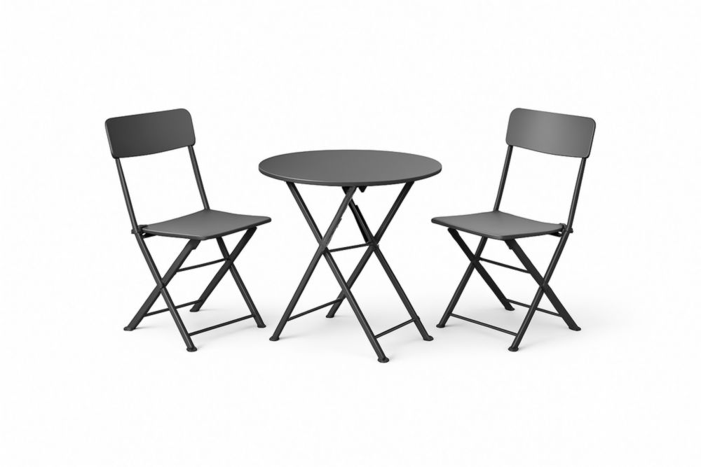 Set da caffè in acciaio grigio con tavolo pieghevole rotondo e 2 sedie-Dwellnovora