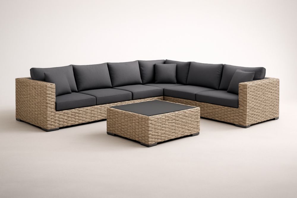 Divano Angolare in Rattan Sintetico con Cuscini Grigi Lavabili e Tavolino-Dwellnovora