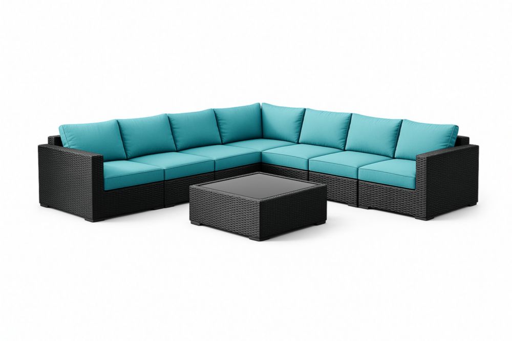 Divano Angolare da Giardino in Rattan con Cuscini Turchesi-Dwellnovora