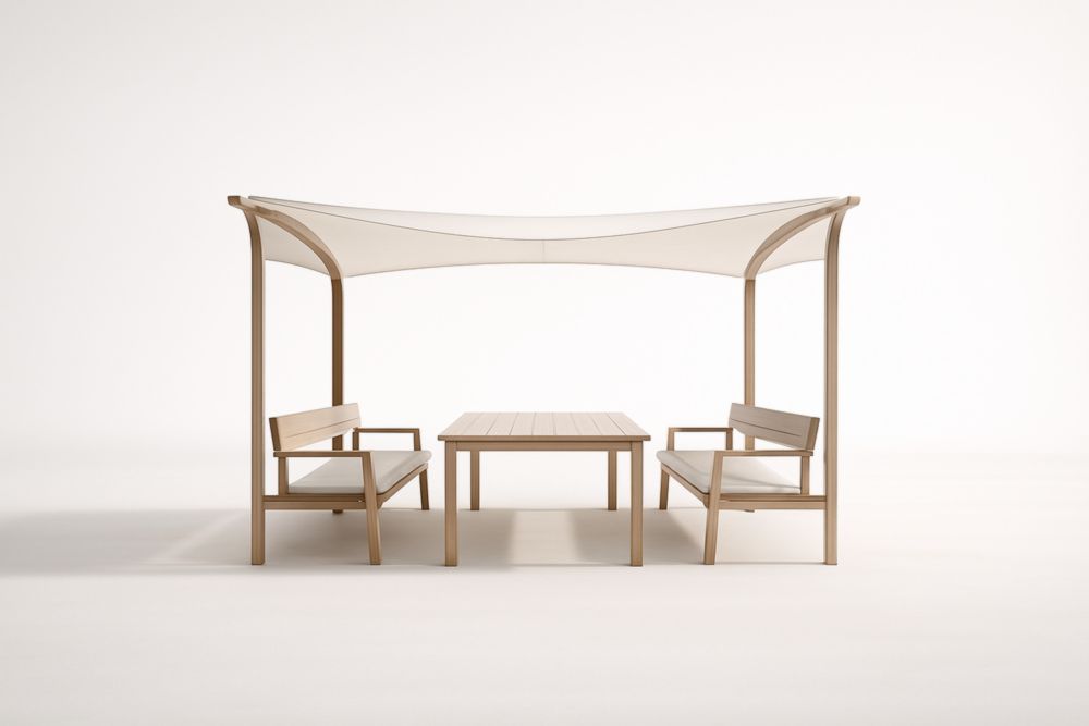 Set da conversazione da esterno in legno massello e tessuto in poliestere beige con pergola-Dwellnovora