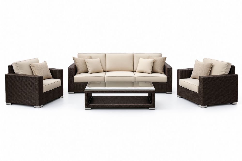 Set salotto da giardino in rattan sintetico colore Marrone e Beige con tavolo in vetro temperato-Dwellnovora
