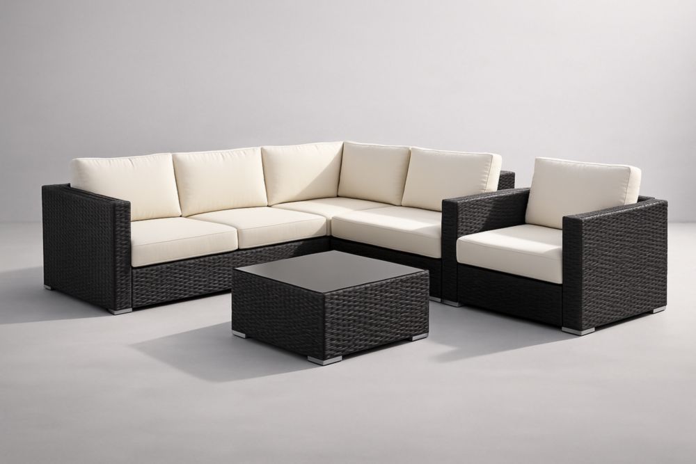 Set Salotto Esterno in Rattan PE con Cuscini, Tavolino in Vetro Nero-Dwellnovora