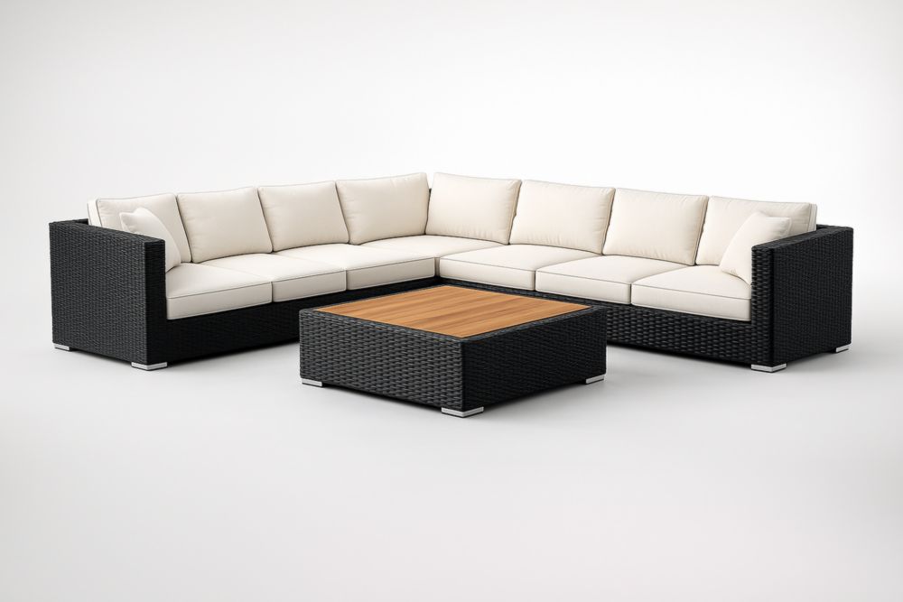 Set di divano angolare in rattan sintetico con cuscini in poliestere color crema e tavolino in legno di teak-Dwellnovora