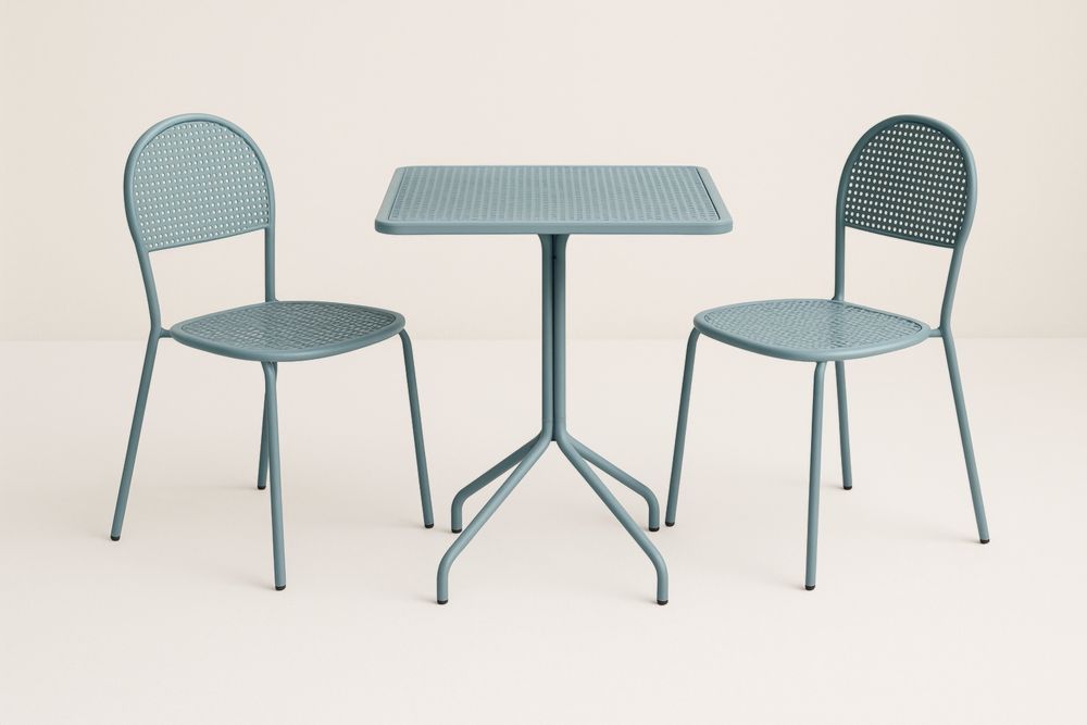 Set da caffè da esterno in acciaio blu con tavolo e sedie-Dwellnovora