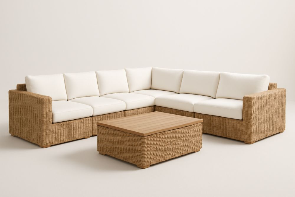 Set Divano Angolare da Esterno in Rattan con Cuscini Bianchi e Tavolino-Dwellnovora