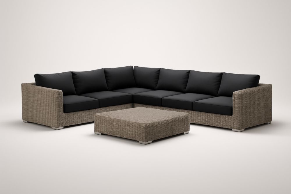 Set di divano angolare in rattan sintetico per giardino con cuscini neri-Dwellnovora