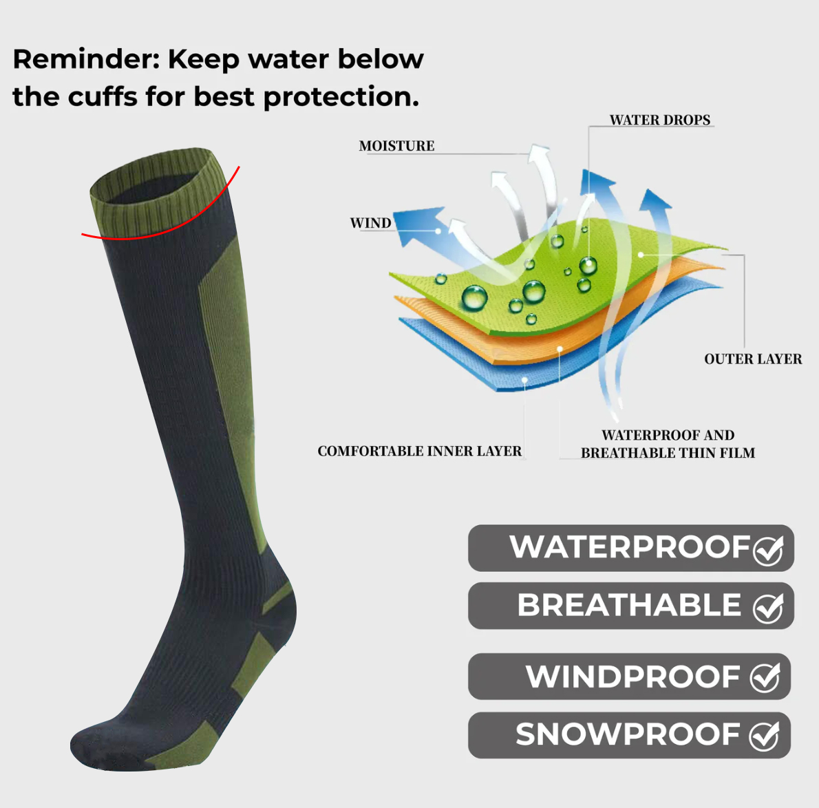 Knee High Waterproof Socks Long Outdoor Hiking Fishing Waterproof Socks