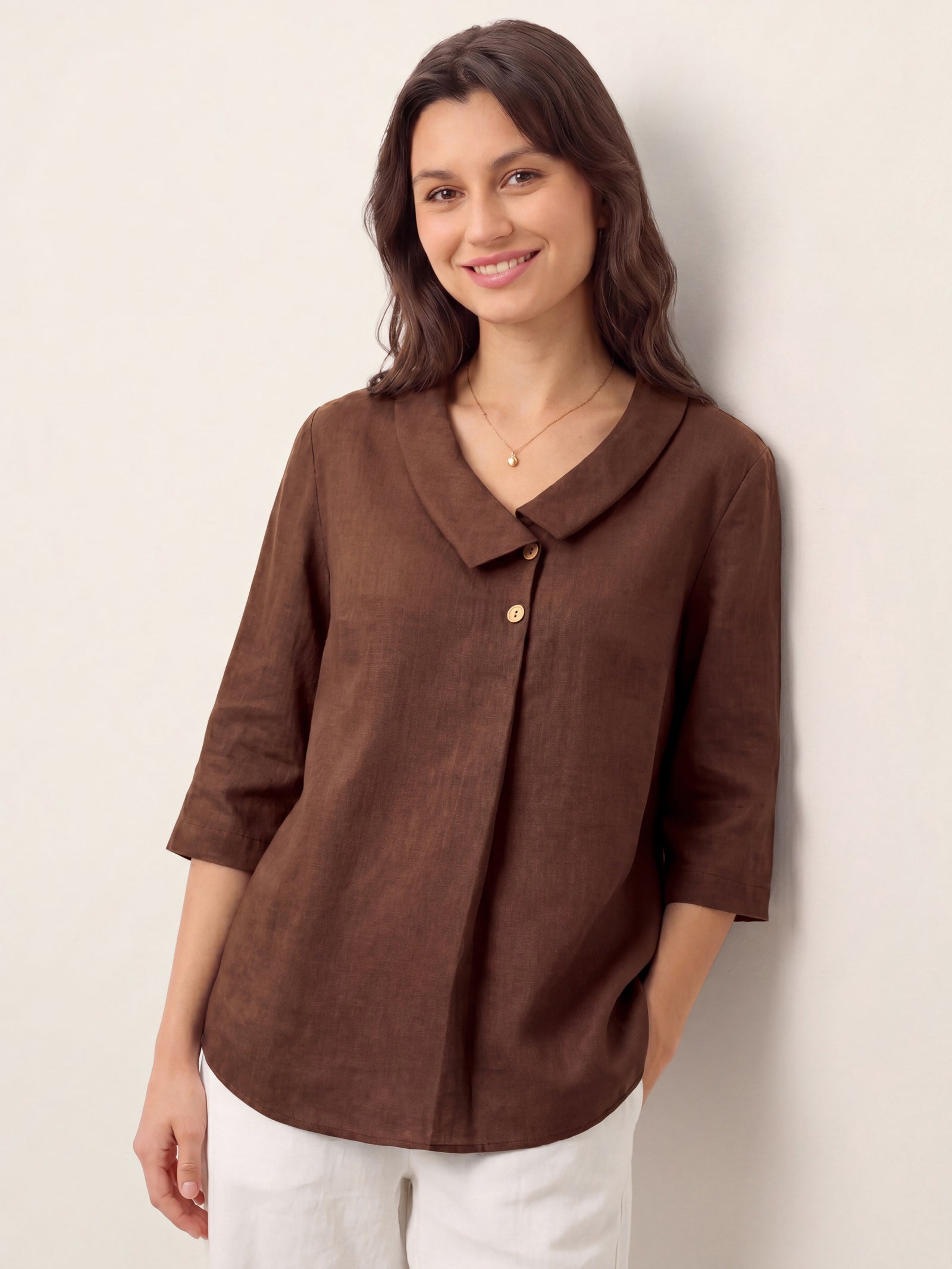 Women's 100% Linen Long-Sleeve Top with Asymmetric Neckline and Inverted Pleat