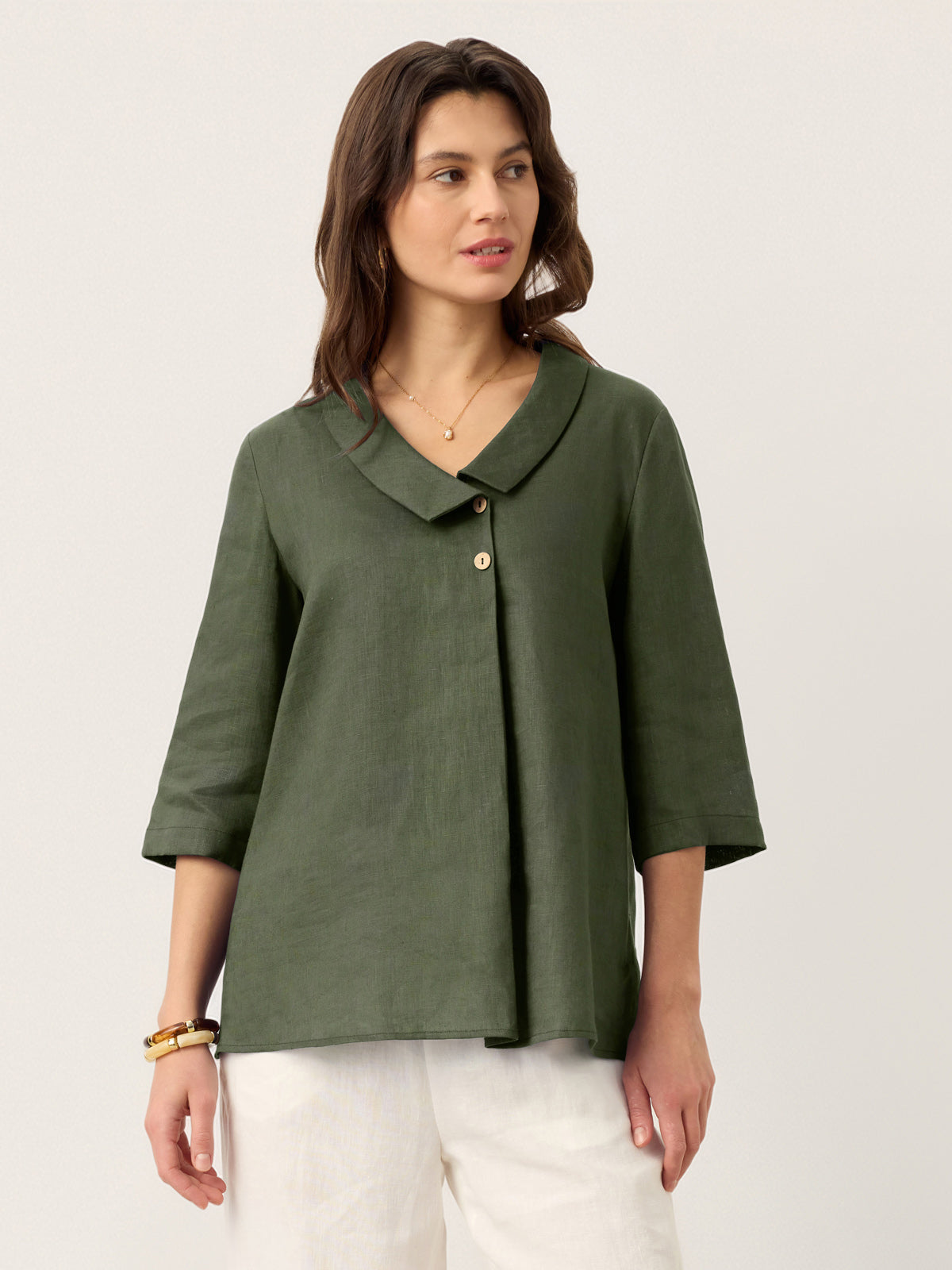 Women's 100% Linen Long-Sleeve Top with Asymmetric Neckline and Inverted Pleat