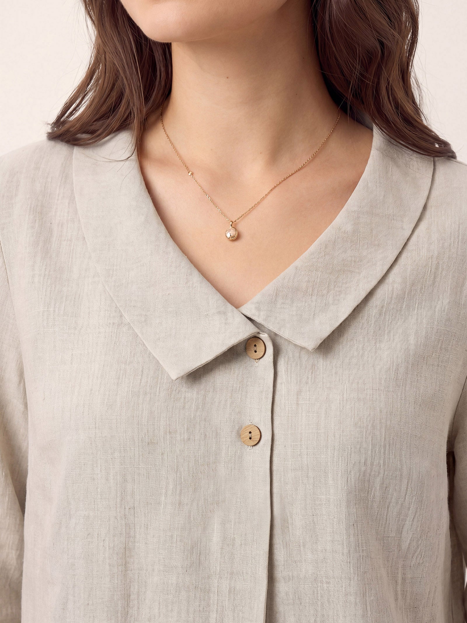 Women's 100% Linen Long-Sleeve Top with Asymmetric Neckline and Inverted Pleat