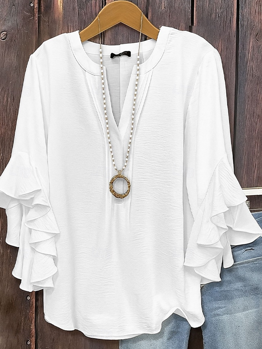 Women's Summer Shirt Casual Shirt Blouse Ruffle Solid Color Vacation Stylish Casual 3/4 Length Sleeve V Neck Regular Tops Daily Outdoor Holiday Black White Pink Army Green Summer Spring 2026 - $33.99 &ndash;P1