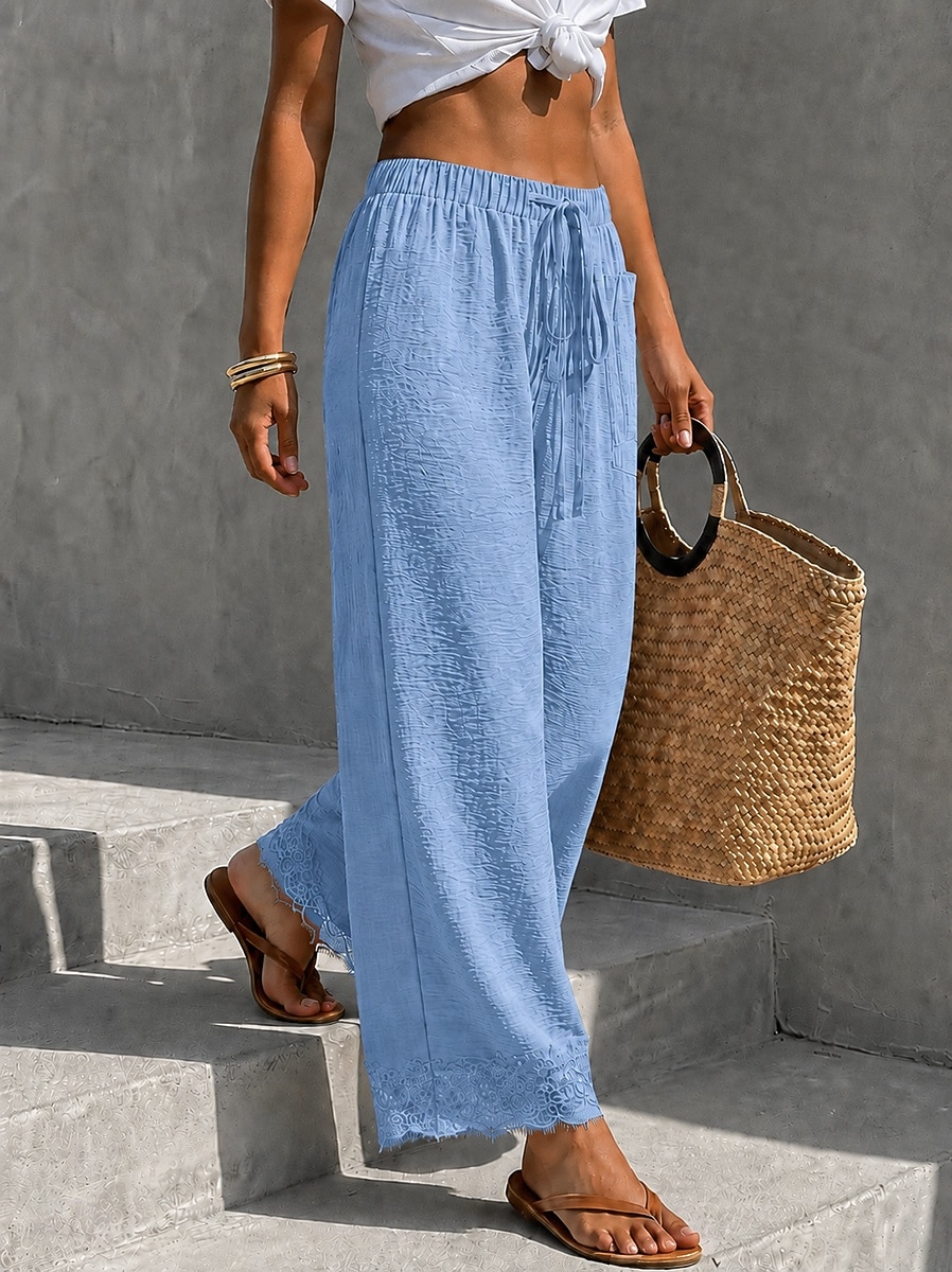 Women's Wide Leg Lace Pants Pants Trousers Vacation Full Length High Waist Plain Breathable Inelastic Vacation Rust Red Black Sky Blue Brown Summer Spring Loose Fit 2026 - $36.99 &ndash;P4