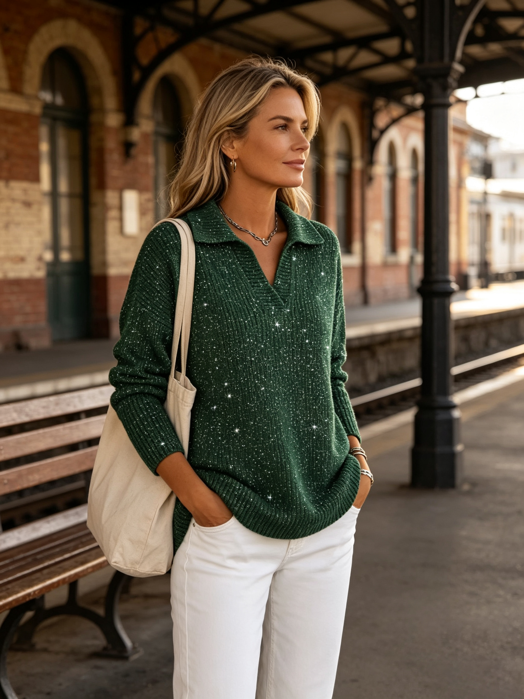 🎄 Clearance Sale🔥Christmas Party Polo Collar Shiny Loose Sweater Top