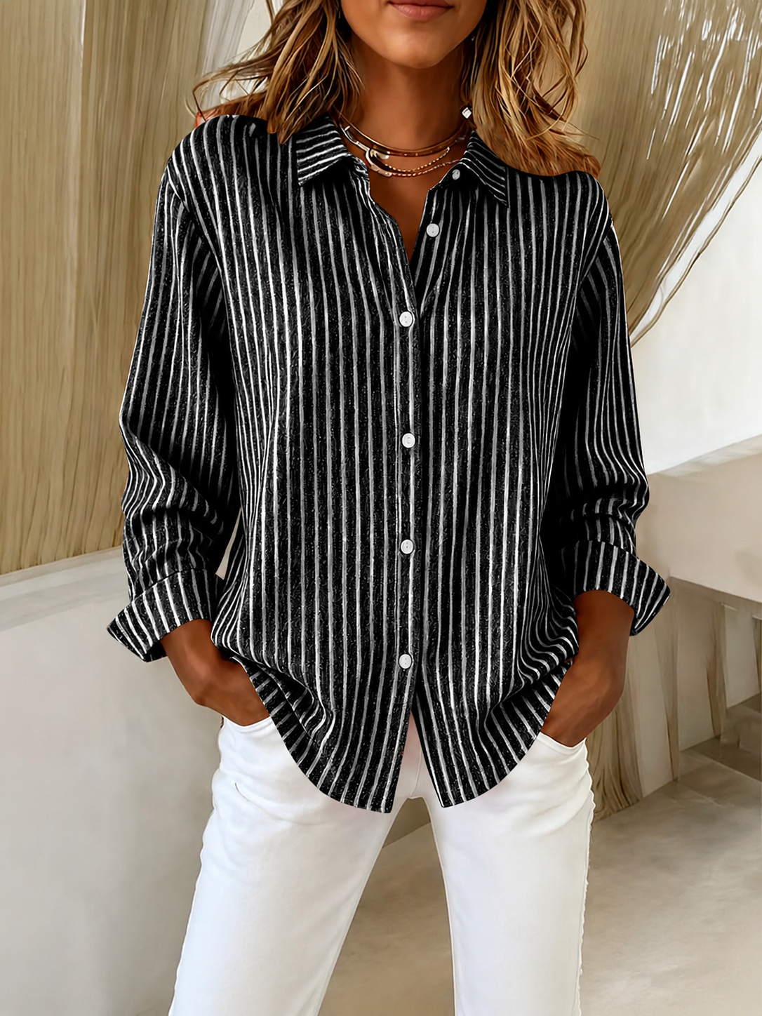 Womens Fashion Striped Printed Shirts Fashion Women Solid Causal Button Blouse Long Sleeve T-Shirt Summer Top Blouses
