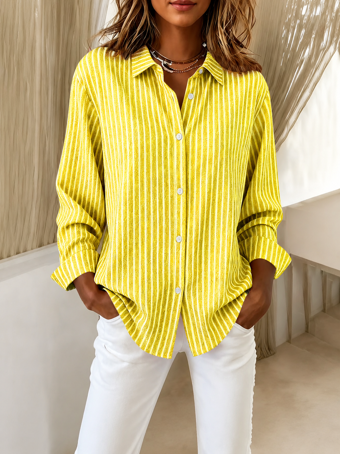 Womens Fashion Striped Printed Shirts Fashion Women Solid Causal Button Blouse Long Sleeve T-Shirt Summer Top Blouses