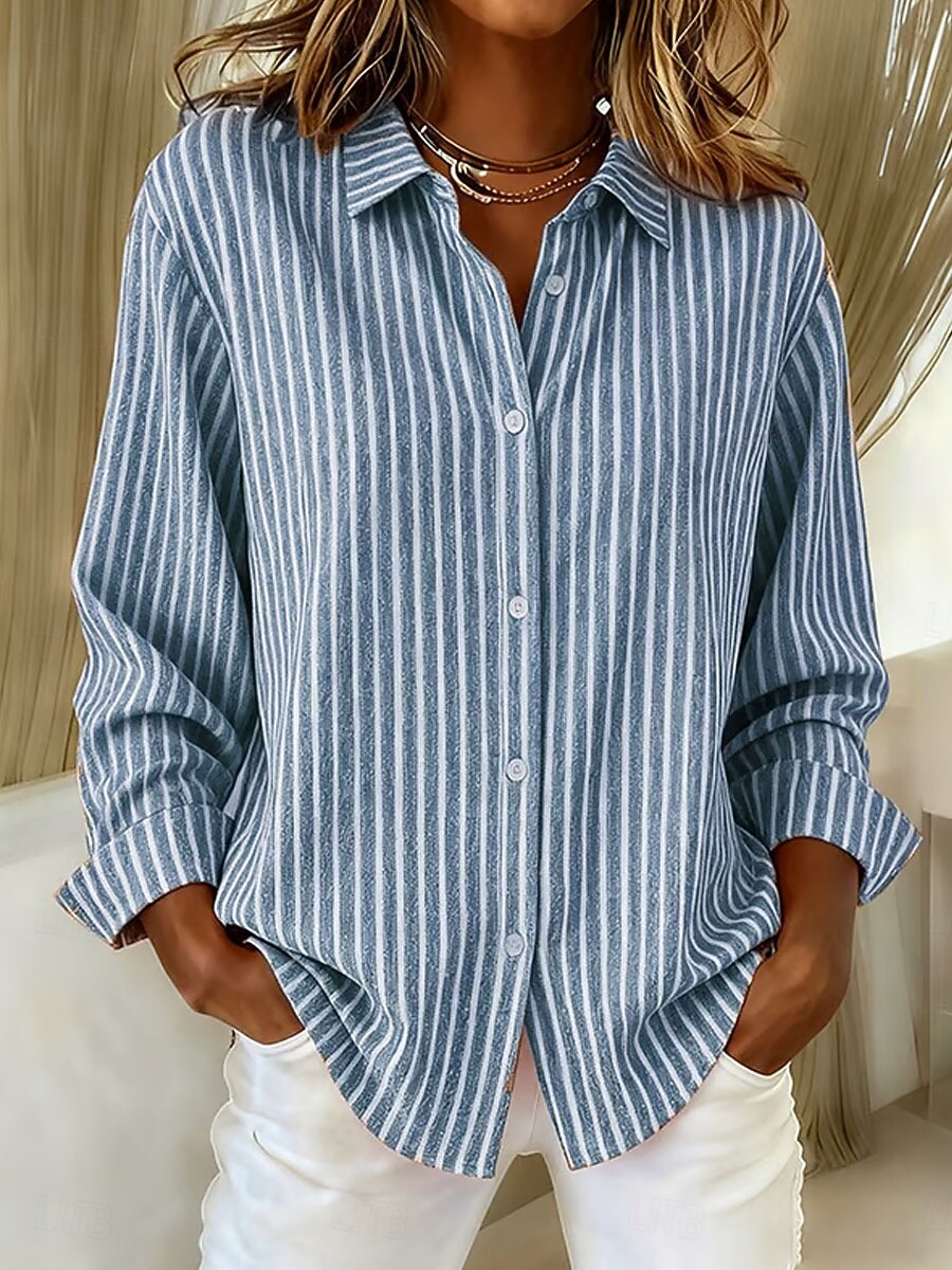 Womens Fashion Striped Printed Shirts Fashion Women Solid Causal Button Blouse Long Sleeve T-Shirt Summer Top Blouses