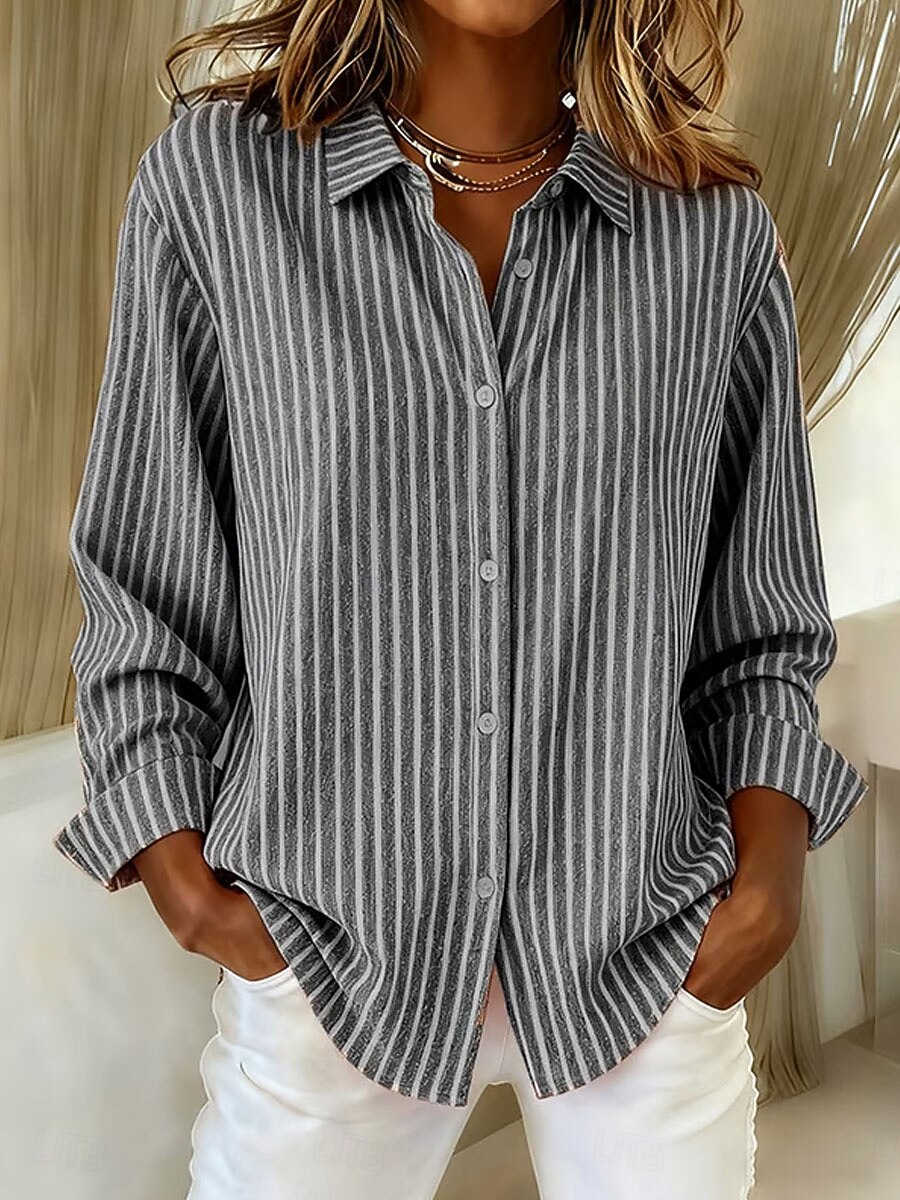 Womens Fashion Striped Printed Shirts Fashion Women Solid Causal Button Blouse Long Sleeve T-Shirt Summer Top Blouses