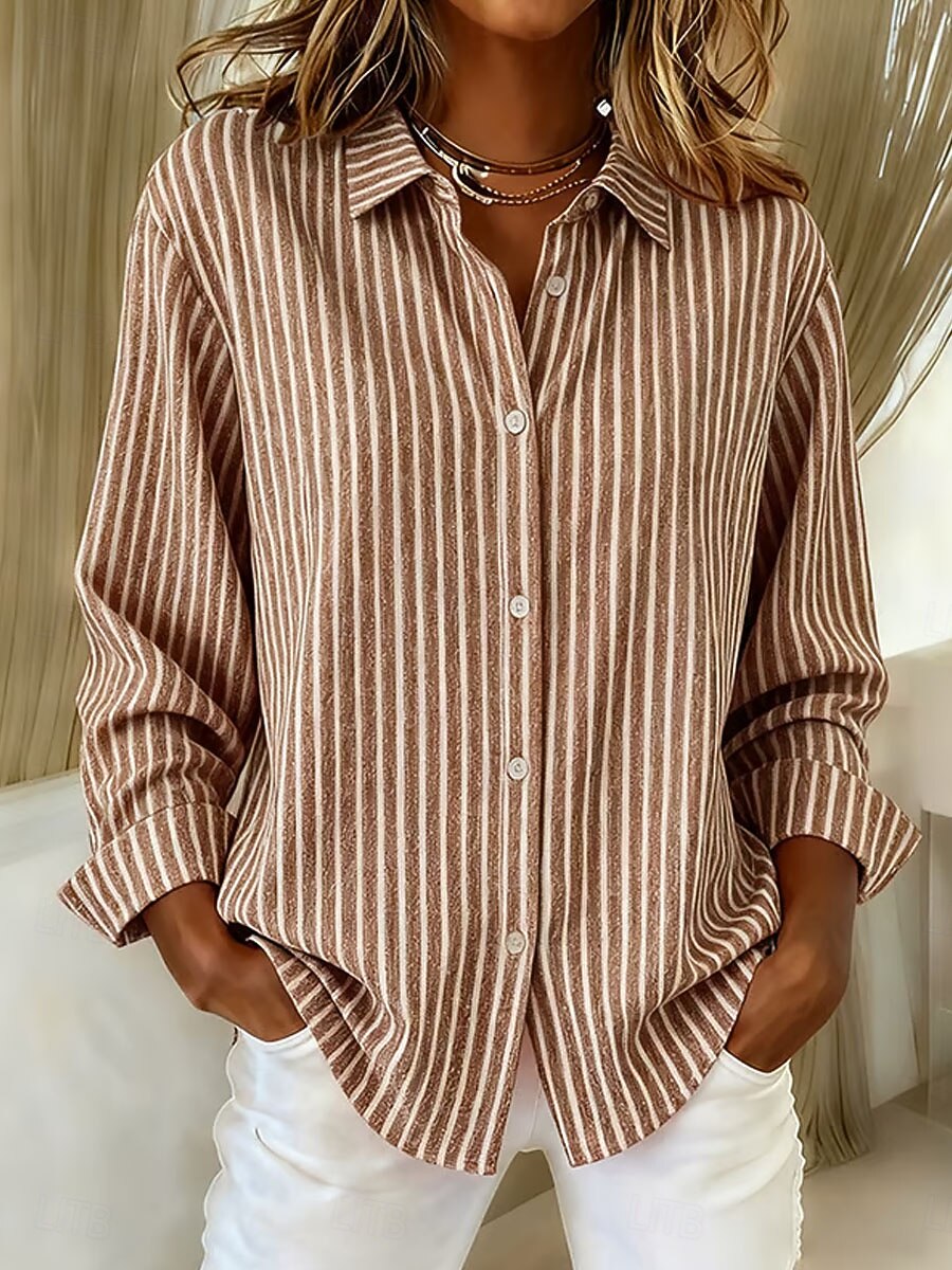 Womens Fashion Striped Printed Shirts Fashion Women Solid Causal Button Blouse Long Sleeve T-Shirt Summer Top Blouses