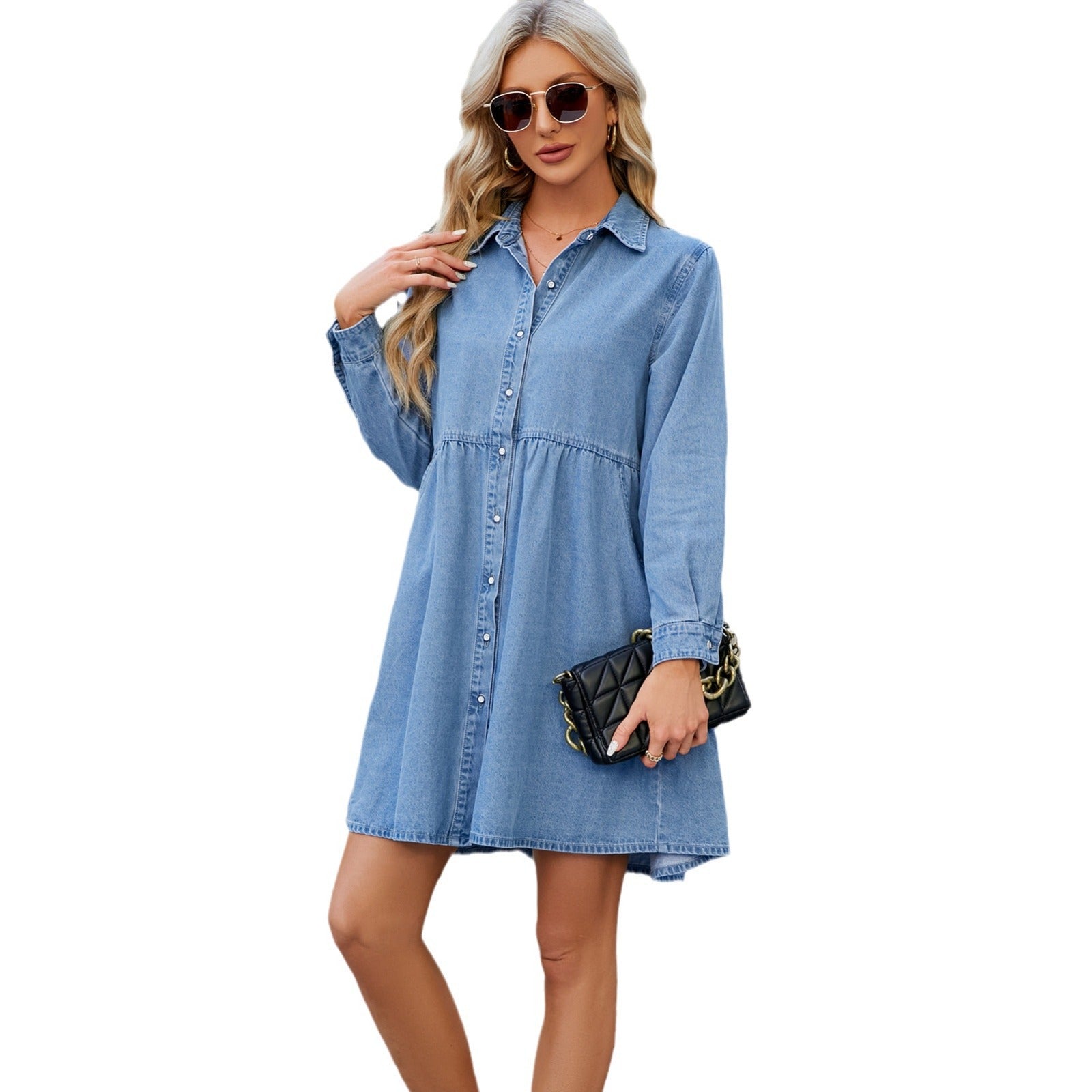 Women Washed Loose Casual Denim Dress Midi Dress For 
