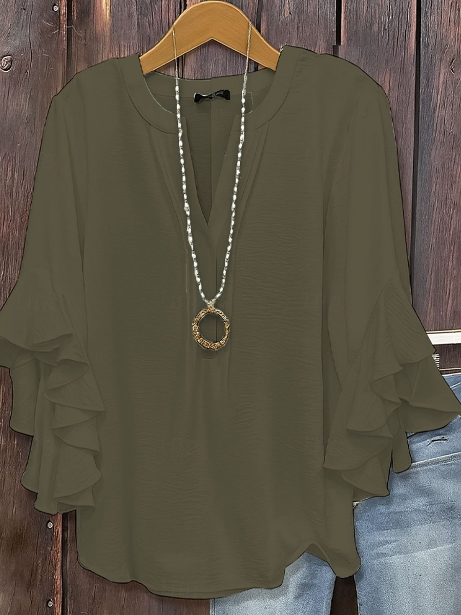 Women's Summer Shirt Casual Shirt Blouse Ruffle Solid Color Vacation Stylish Casual 3/4 Length Sleeve V Neck Regular Tops Daily Outdoor Holiday Black White Pink Army Green Summer Spring 2026 - $33.99 &ndash;P4
