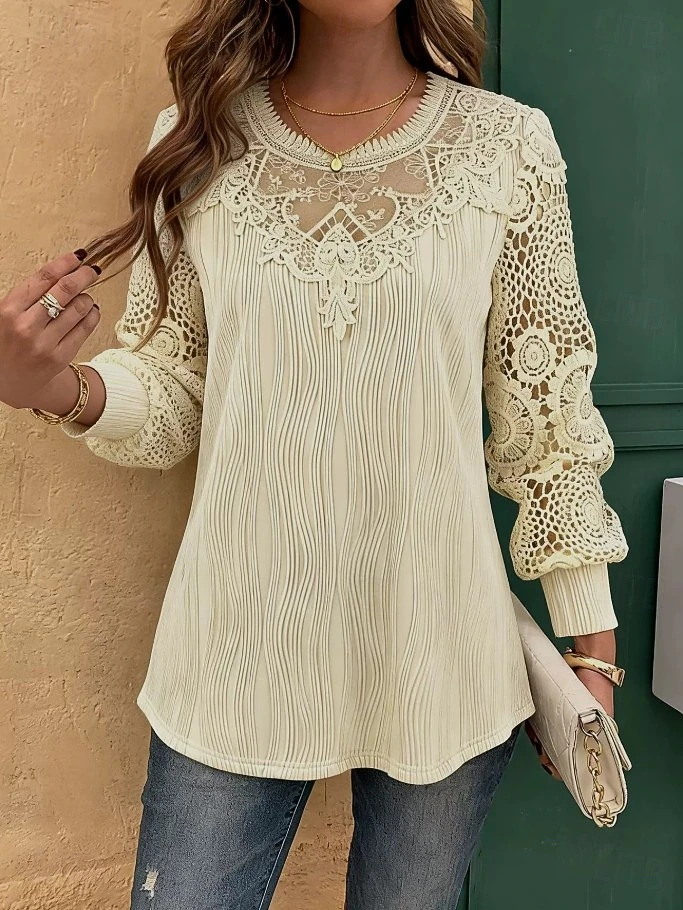 Women's Eyelet Top Boho Shirt Lace Shirt Elegant Bohemia Vacation Long Sleeve Long Tops Casual Daily Holiday