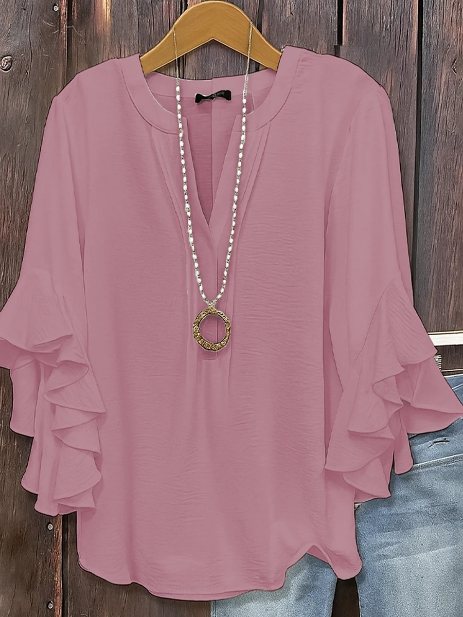 Women's Summer Shirt Casual Shirt Blouse Ruffle Solid Color Vacation Stylish Casual 3/4 Length Sleeve V Neck Regular Tops Daily Outdoor Holiday Black White Pink Army Green Summer Spring 2026 - $33.99 &ndash;P3