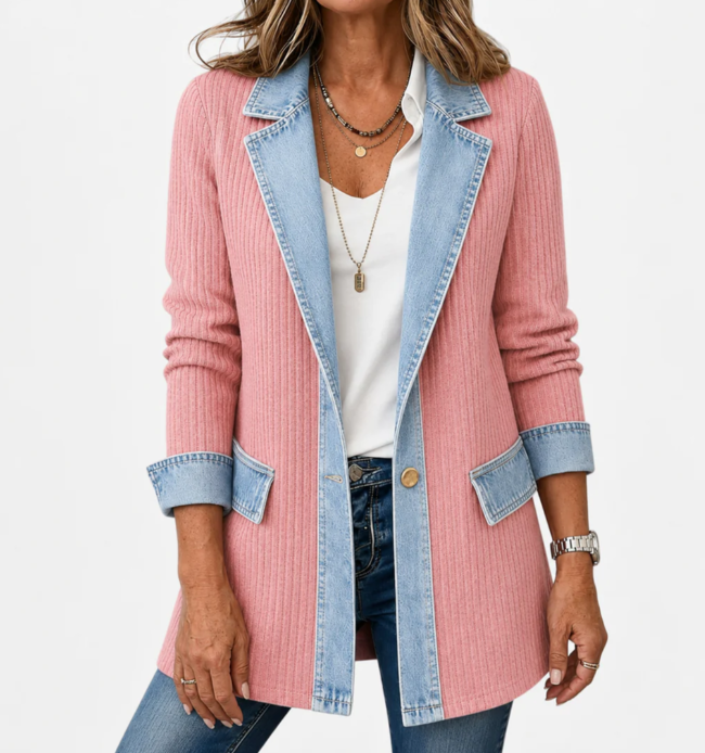Elegant Mixed Media Denim Knit Cardigan Open Front Lapel Sweater Coat Mid Length Comfort Fit Outerwear