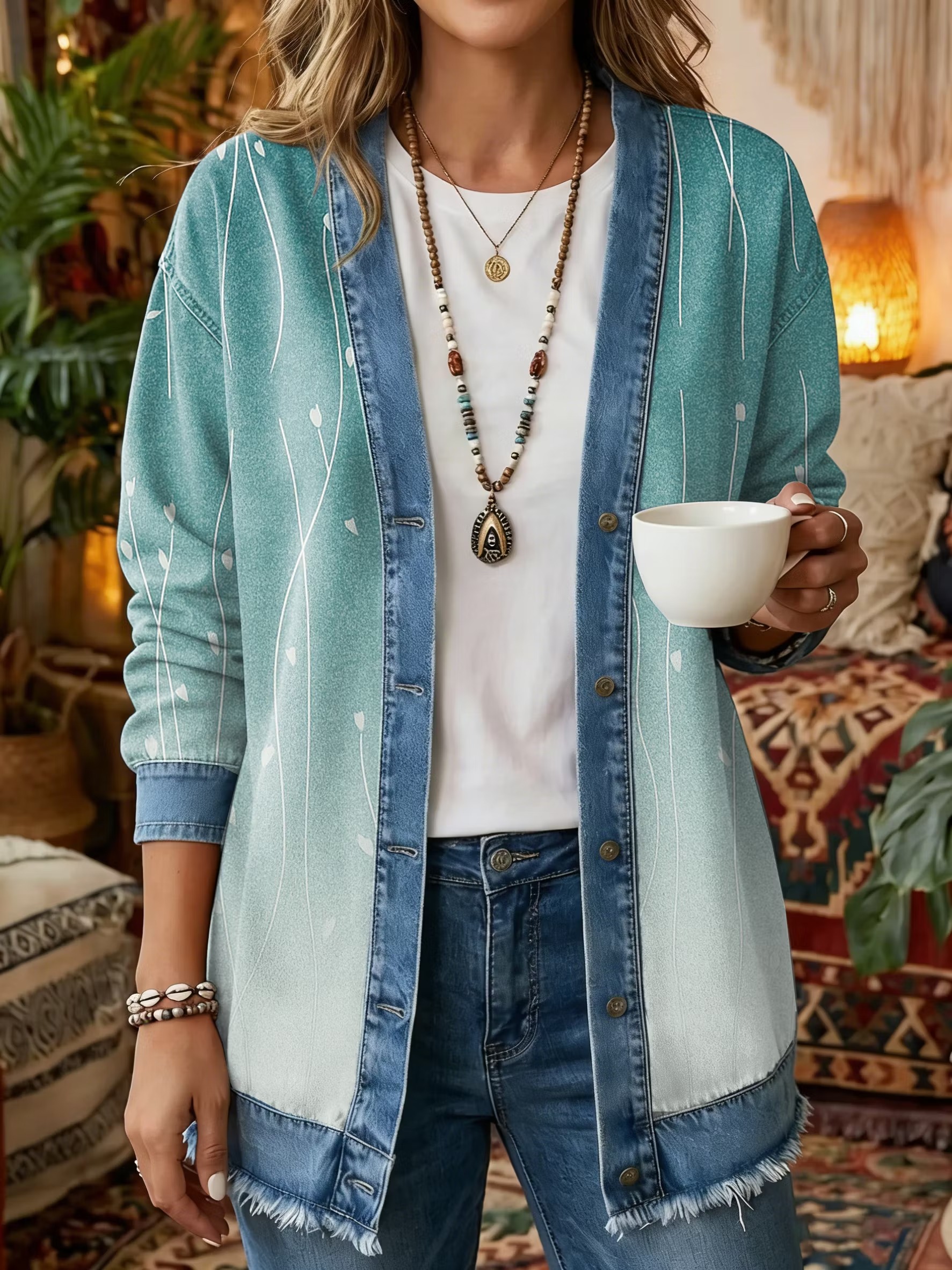 Women's Vintage Pattern Art Print Casual Long-sleeve Shirt Jacket