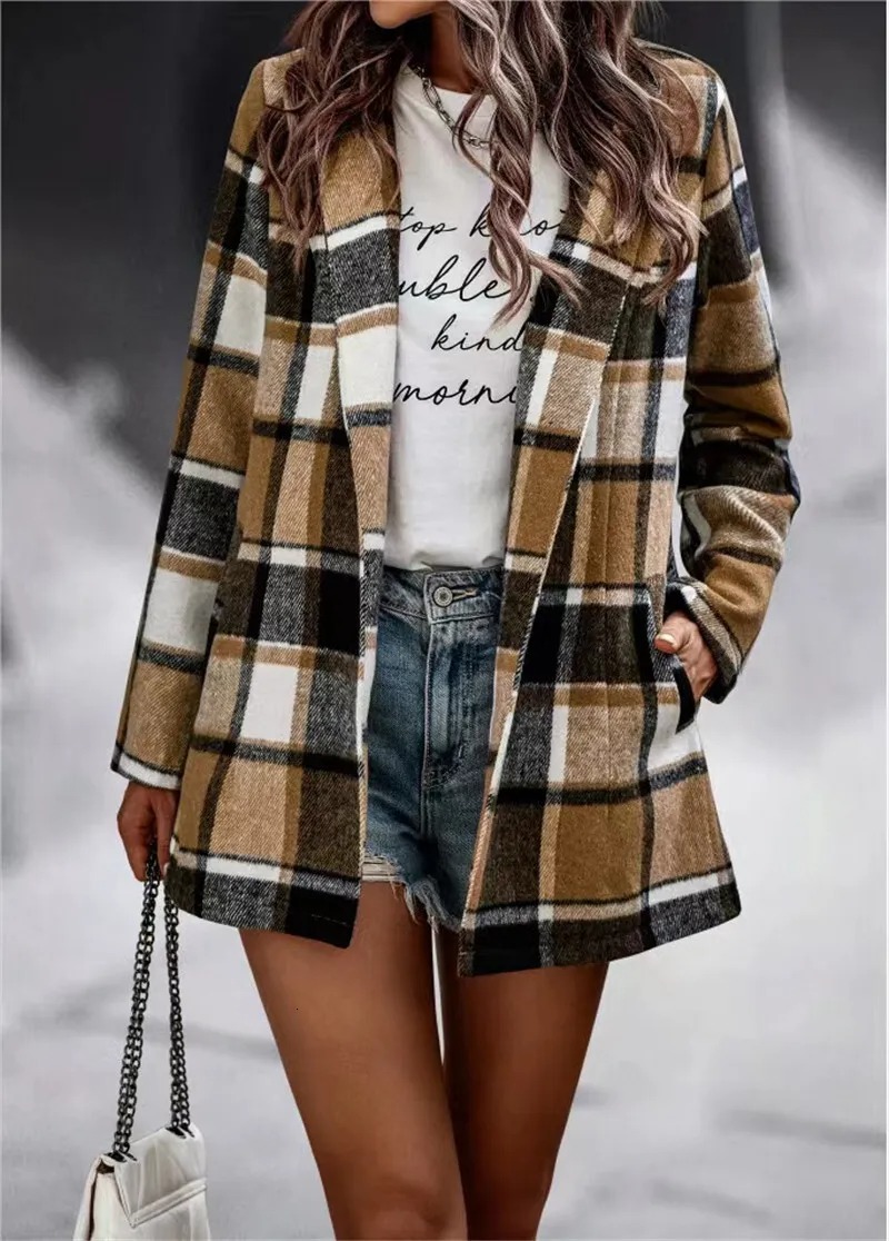 Autumn Winter Womens Loose Plaid Printed Long Sleeved Pocket Woolen Coat Cardigan Top