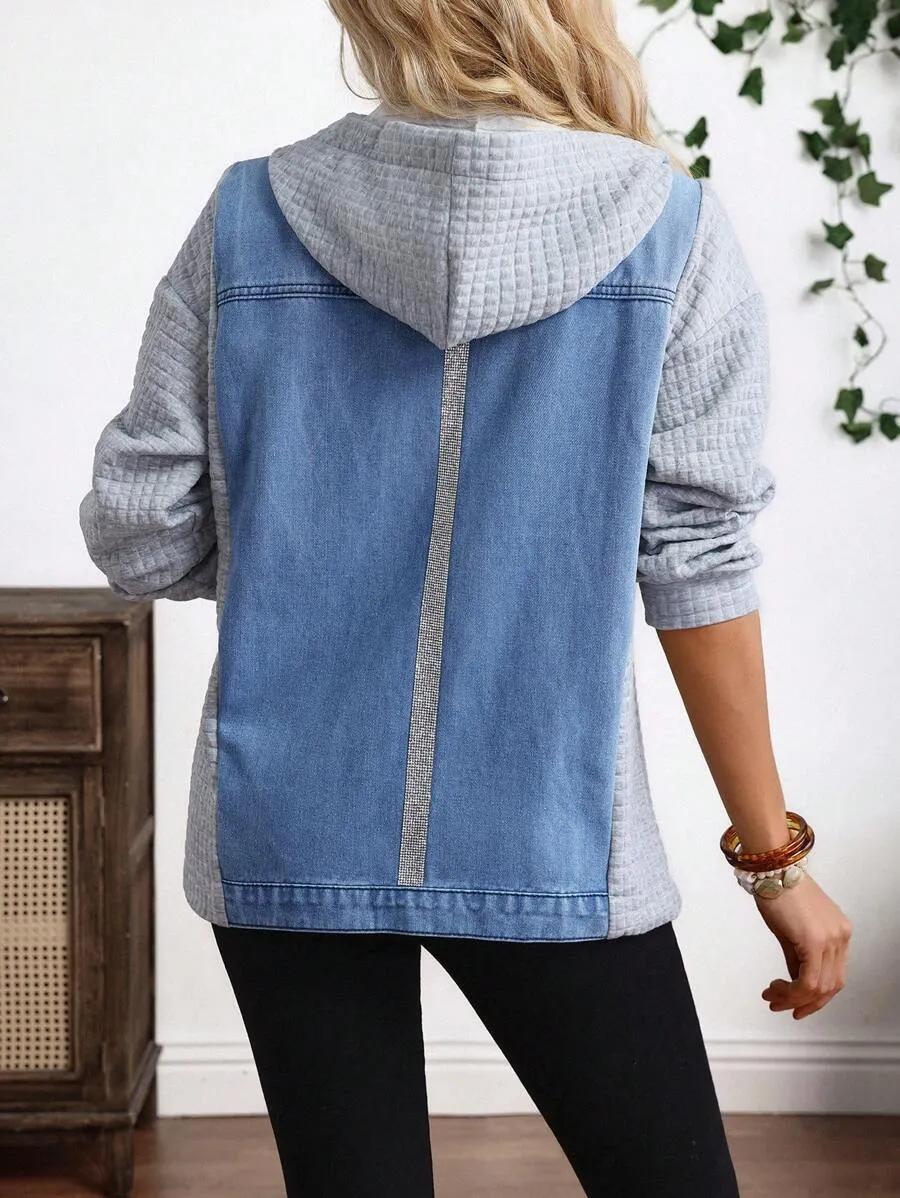 EMERY ROSE Women's Casual Button-Up Denim Hooded Jacket, For Daily Wear