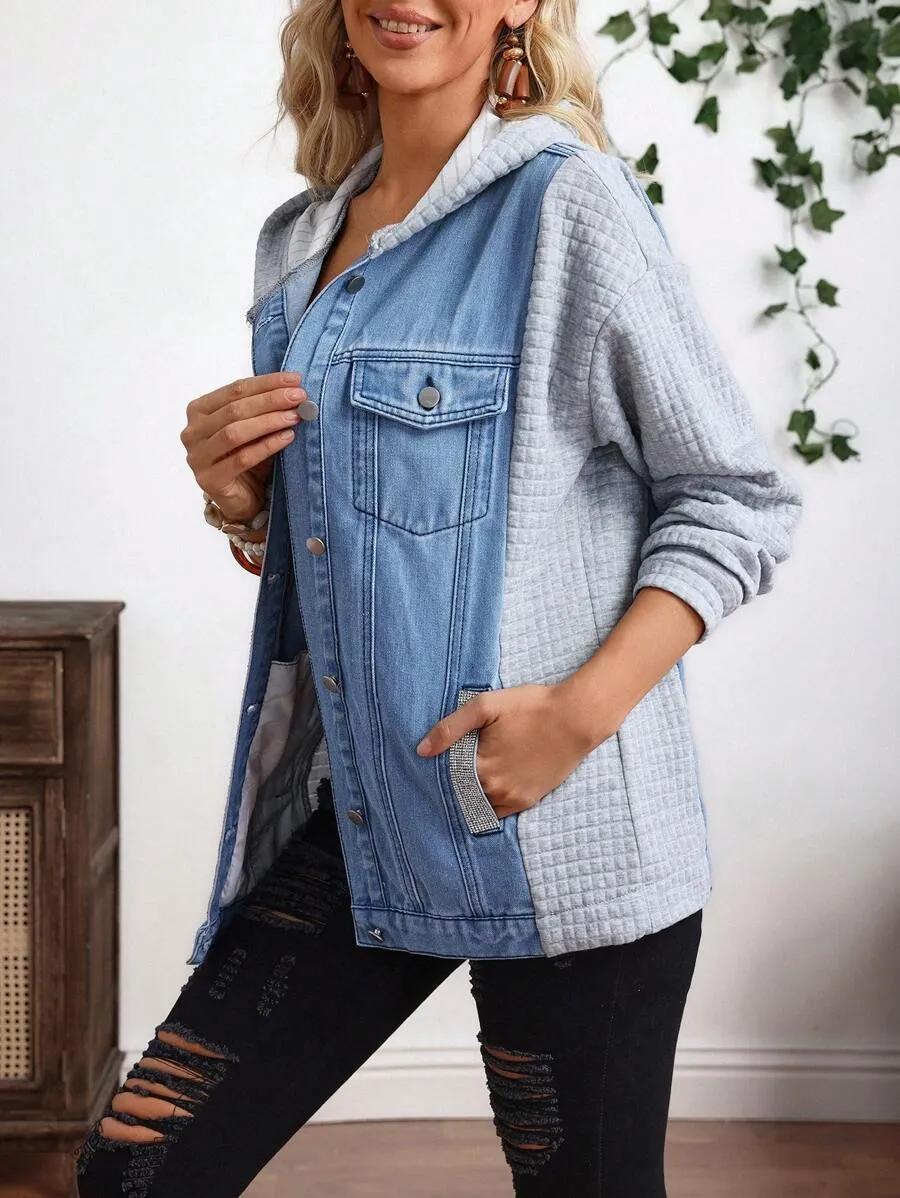 EMERY ROSE Women's Casual Button-Up Denim Hooded Jacket, For Daily Wear